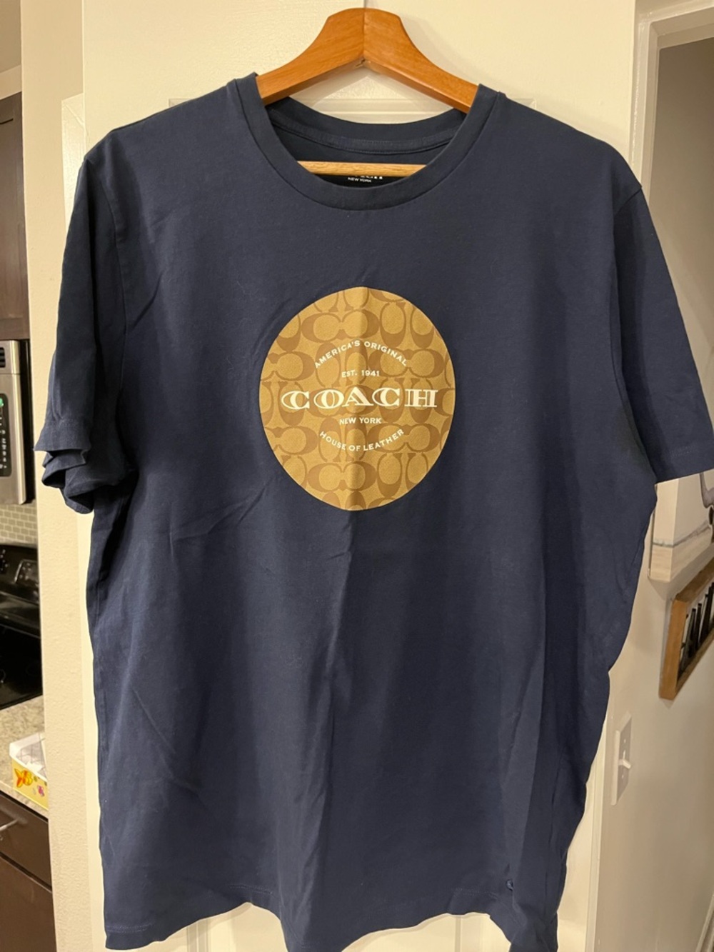 COACH Navy Short-Sleeve Tee with Tan Logo Medallion